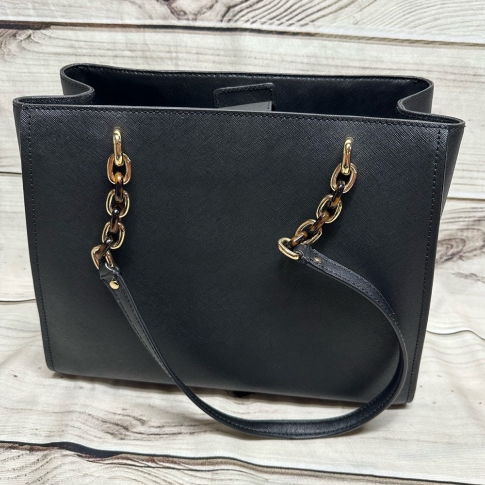Michael Kors Sophia Shoulder Bag Purse Satchel Black Gold Saffiano Leather Large - Picture 6 of 16
